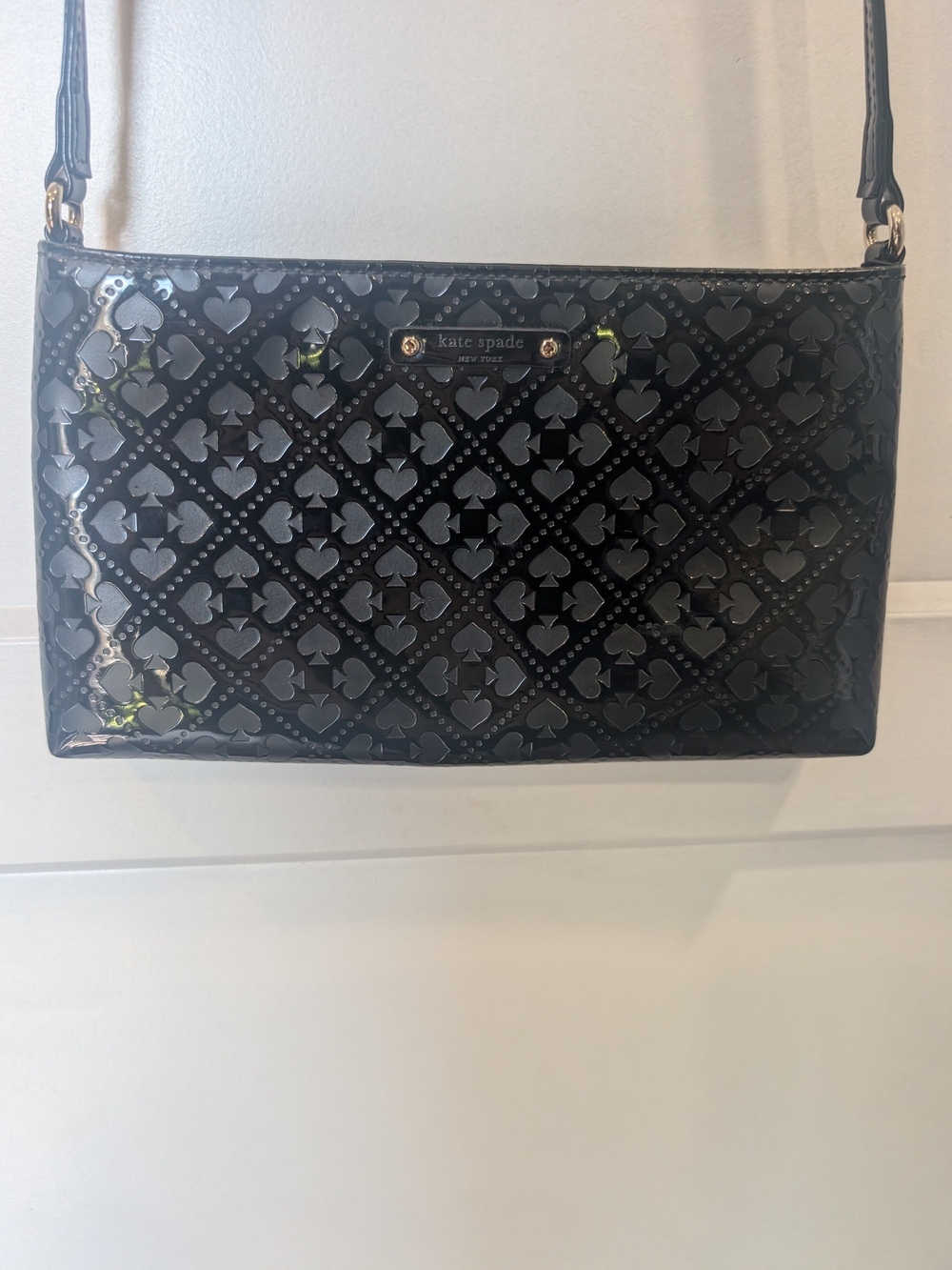kate spade Black Patent Crossbody with Embossed Heart & Spade Pattern